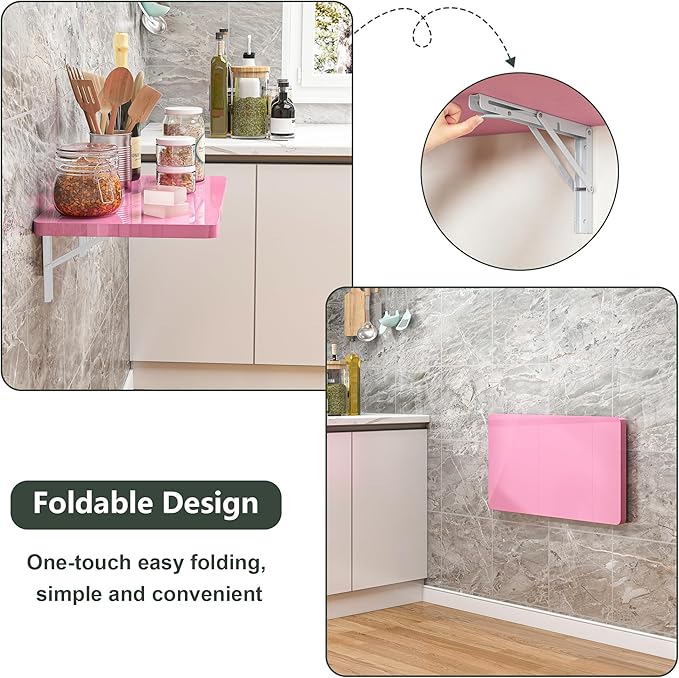 Clikuutory Pink Wall Mounted High Gloss Folding Table, Wall Desk Fold Down for Small Spaces, Folding Workbench for Laundry Room, Home Office, Kitchen, Bedroom, Home Bar (23.6"×15.7")