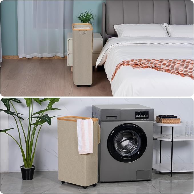 efluky Laundry Basket with Wheels, Tall Rolling Laundry Hamper with Lid and Removable Bag, Aesthetic Dirty Clothes Hamper on Wheels for Laundry Room, Bedroom, Dorm and Bathroom, 75L Oatmeal