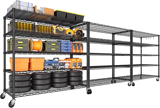 PrimeZone 3 Packs 48" W x 24" D x 81" H Heavy Duty Wire Storage Shelves with Wheels, 5 Tier Adjustable NSF Certified Garage Shelving Unit, Rolling Metal Organizer Shelf Rack for Warehouse, Pantry