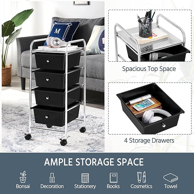 Yaheetech 4 Drawers Cart Rolling Storage Organizer Metal Frame Plastic Drawers Trolley Organizer on Wheels, Black