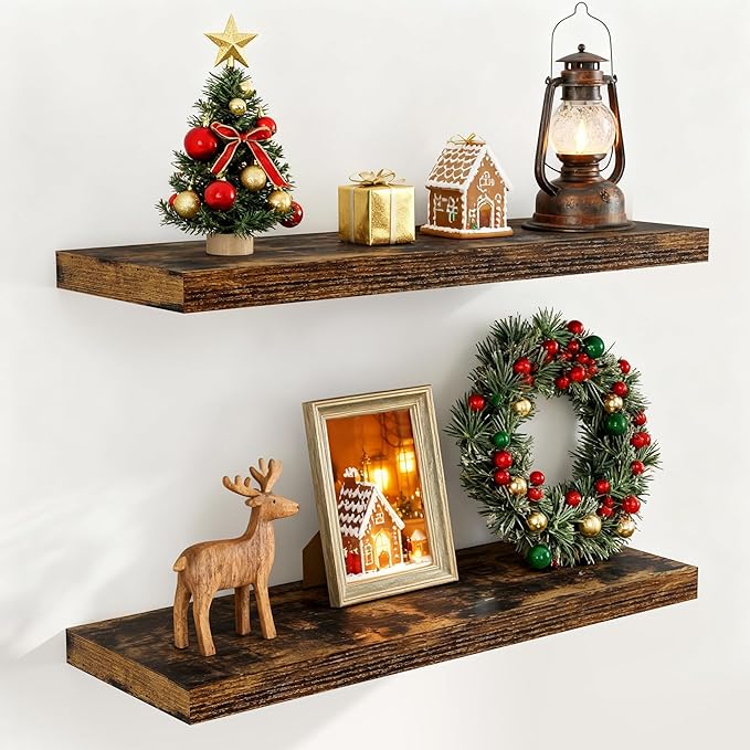 32 Inch Floating Shelves for Wall Set of 2, Rustic Wood Wall Mounted Floating Shelf for Bathroom, Bedroom, Kitchen, 9.3 Inch Deep Shelves Invisible Brackets for Books|Storage|Decor, Rustic Brown