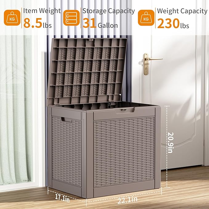 31 Gallon Outdoor Deck Box,Storage Lockable Waterproof Patio Furniture,Garden Tools,Cushions,Pool Accessories Outside Storage Resin Box(Grey)