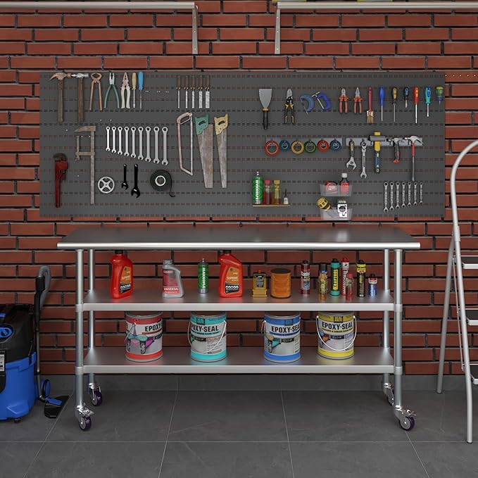 AmGood Stainless Steel Work Table with 2 Shelves and Casters | Metal Utility Table On Wheels (Stainless Steel Work Table with 2 Shelves + Casters, 72" Long x 18" Deep)