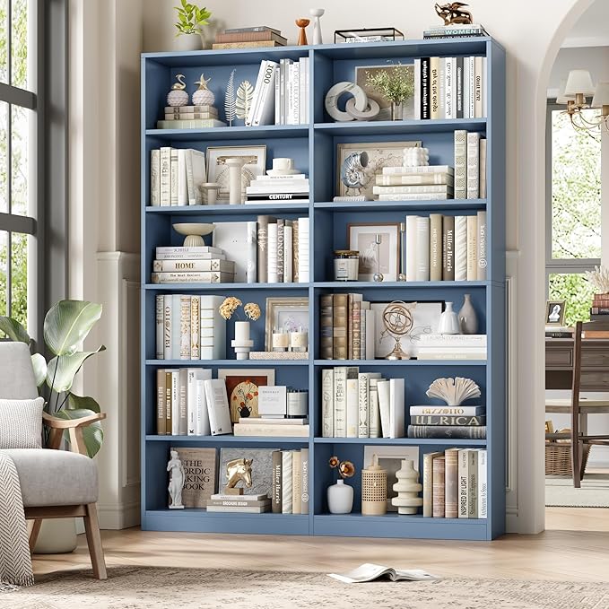 FACBOTALL Bookshelf and Bookcase, 6-Tier Double Wide Bookshelves, Freestanding Display Storage Shelves, Tall Bookcases for Home Decor Bedroom, Living Room, Home Office, Blue