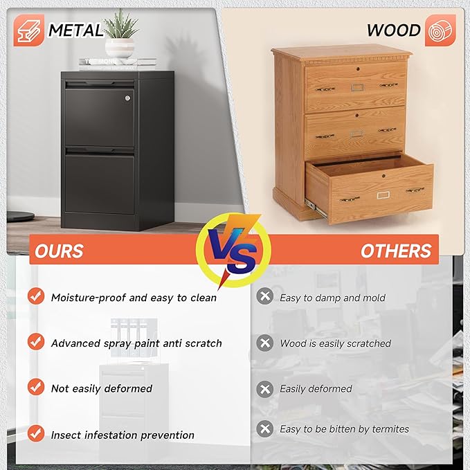 Metal Filing Cabinet With Lock, Vertical 2 Drawer Cabinet for Home Office/Legal/Letter/A4, Lockable for Hanging Files - Assembly Required/Black