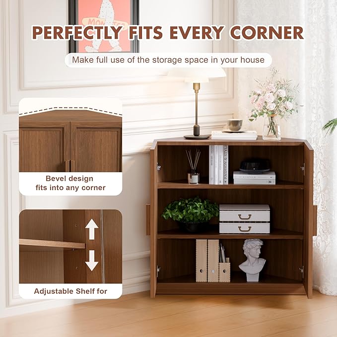 Casaphoria Farmhouse Corner Cabinet, Wooden Corner Storage Cabinet with Adjustable Shelves, Narrow Storage Organizer for Small Space, 31" H x 31" W x 16" D, 44Lb, Walnut