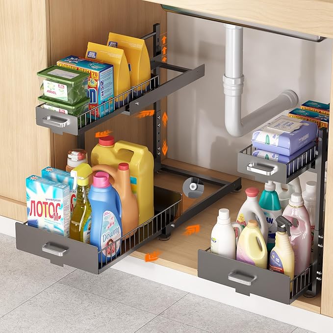 Under Sink Organizer,2 Tier Slide Out Kitchen Cabinet Organizers with Pulley,Under Bathroom Sink Pull Out Organizer with Multiple Height Adjustments for Kitchen and Bathroom Cabinets (Gray)