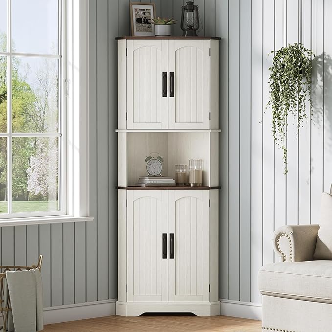 Maupvit Tall Corner Cabinet, Farmhouse Corner Storage Cabinet with 4 Barn Doors and Adjustable Shelves, Storage Pantry Cabinet for Kitchen, Living Room, Laundry Room, White