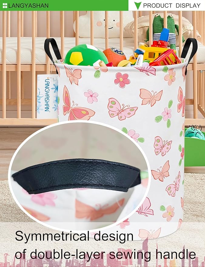LANGYASHAN Laundry Basket Canvas Fabric Collapsible Organizer Basket for Storage Bin Toy Bins Gift Baskets Bedroom Clothes Children Nursery Hamper (Pink Butterfly)