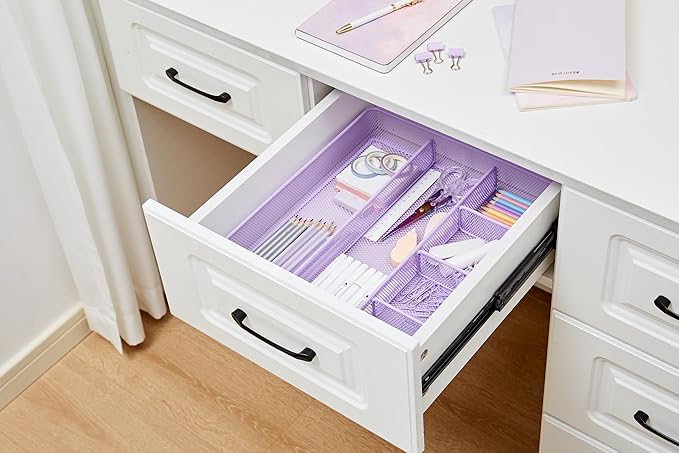 Annova Desk Top Organizer/Storage Tray - Metal Mesh with Dividers for Pens, Desktop Accessories, Bathroom, Kitchen, Makeup and Office Supplies (Large, Light Purple)