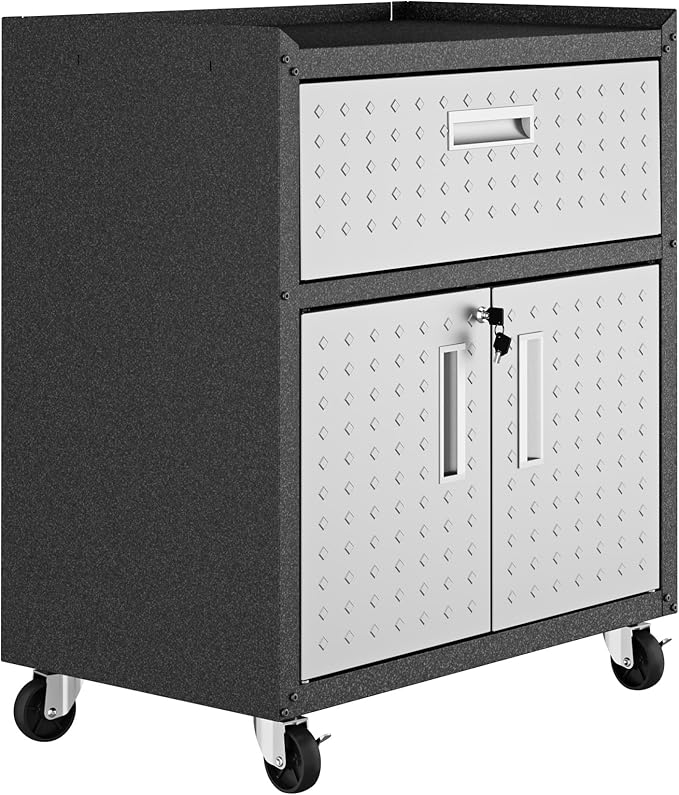 Manhattan Comfort Fortress Textured Metal 31.5" Garage Mobile Cabinet with 1 Full Extension Drawer and 2 Adjustable Shelves, Black/Gray