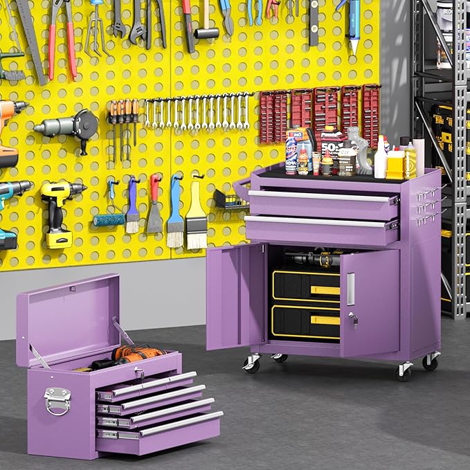 Greenvelly Tool Chest, 8-Drawer Rolling Tool Chest with Hooks and Lockable Wheels,Metal Storage Detachable Top Tool Box with Lockable Wheels for Garage,Workshop,Art Studio(Purple)