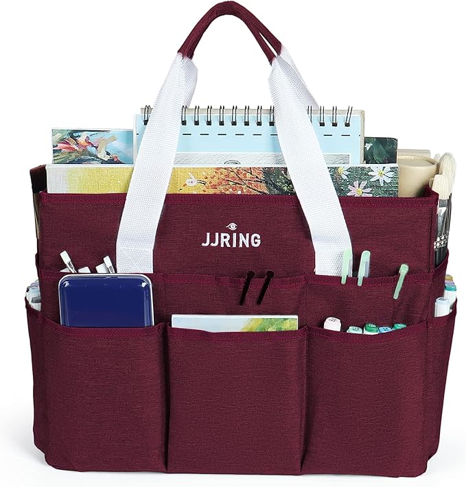 JJRING Craft Organizer Tote Bag, Large Art Storage Caddy with Multiple Pockets, Dark Red Sewing Bag for Art, Craft, Scrapbooking, School, Medical, and Office Supplies Storage
