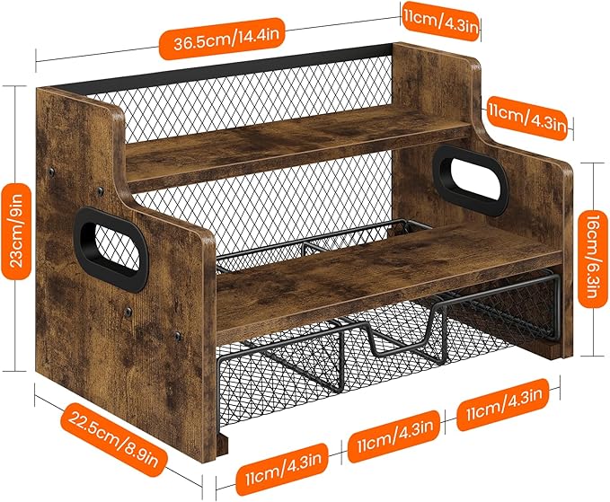Homode Coffee Syrup Rack Organizer, 3-Tier 8 Bottles Syrup Holder Stand with 35 K Cup Storage Basket Drawer for Coffee Bar, Wood Liquor Shelf Wine Rack Countertop for Home, Rustic Brown