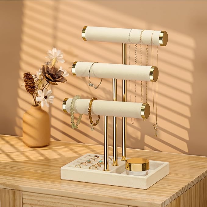 3 Tier Bracelet Holder Display - Detachable T Bar Beige Velvet Bracelet Holder, Jewelry Holder Organizer for Bracelet, Necklace, Watches, Rings