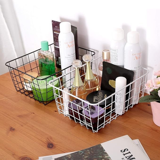 Kitchen Wire Baskets Farmhouse Decor Metal Food Storage Organizer, Household Refrigerator Bin with Built-in Handles for Cabinets,Pantry Set of 4 (Black)