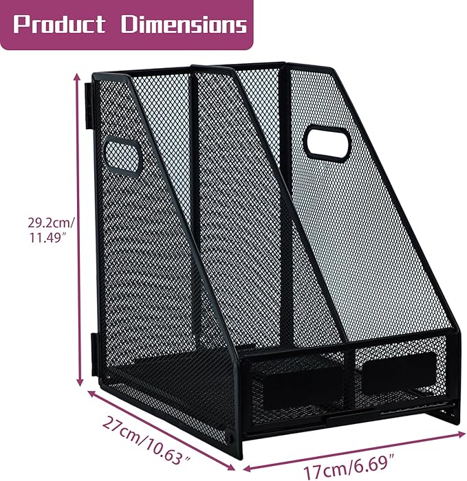 Desk Organizers, Metal Magazine File Holder with 2 Vertical Compartments Rack Binder File Organizer for Office Supplies, Home Workspace - Black