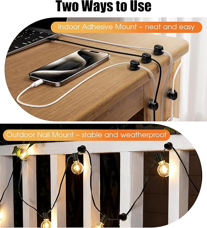 8 Pack Cord Organizer, Ω-Shaped Rotatable Cable Clips, Strong Adhesive Cable Management with Nails, Cord Holder for Nightstand, Desk, and Wall (Black)