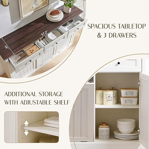 Triple Tilt Out Trash Can Cabinet, 20 Gallon Farmhouse Laundry Hamper Cabinet w/3 Drawers & Adjustable Shelf, Hidden Wooden Trash Can Cabinets with Storage Basket for Kitchen (Antique White)