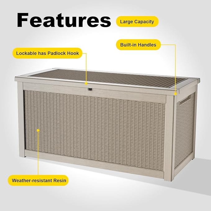 320 Gallon Outdoor Deck Box,Storage Lockable Waterproof Patio Furniture,Garden Tools,Cushions,Pool Accessories Outside Storage Resin Box(Grey)