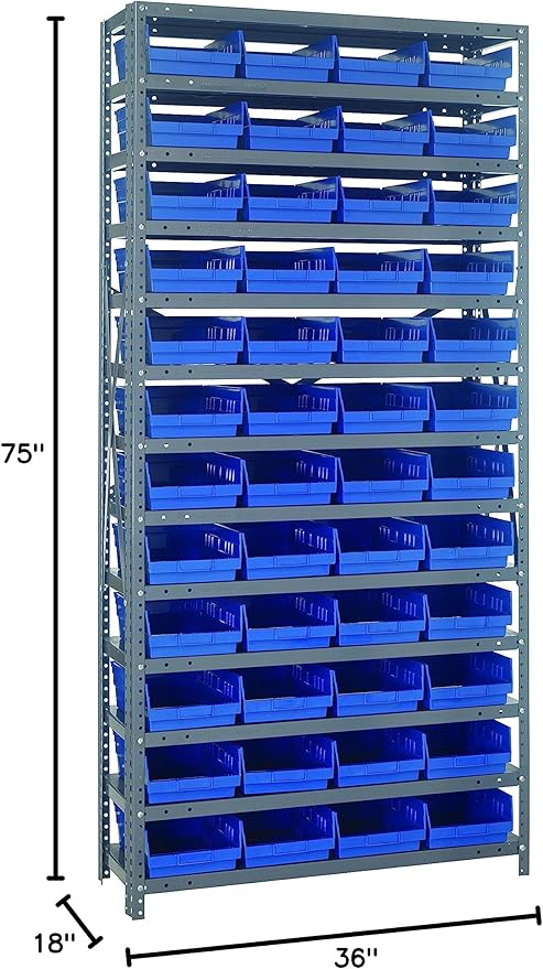 Quantum Storage Systems 1875-108BL Steel Shelving Unit with 4" Shelf Bins, 18" D x 36" W x 75" H, Blue