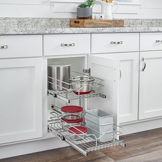 Rev-A-Shelf 2-Tier Kitchen Cabinet Pullout Shelf and Drawer Organizer Slide Out Pantry Storage Basket in Multiple Sizes, 9 x 22 In, 5WB2-0922CR-1