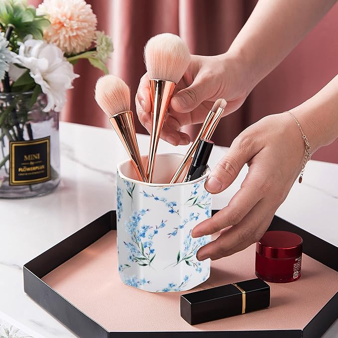 Pencil Holder for Desk Organizer,Ceramic Writing Utensil Storage Organizer Aesthetic Floral Pattern Pen Holder Pen Cup Makeup Brush Holder Creative Gift for Desktop Supplies,School Life Blue