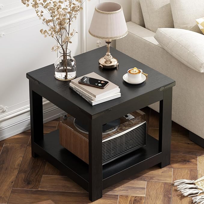 Homieasy End Table, 20 Inch Square End Table, Farmhouse Wood Side Table with Storage Shelf, Industrial Accent Bedside Table for Living Room, Bedroom, Black