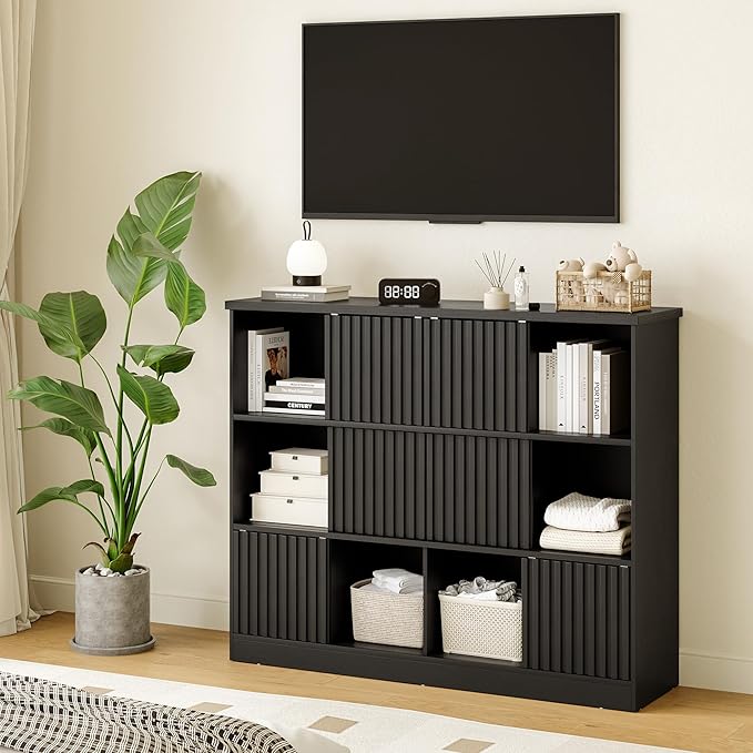 iPormis 12 Cube Bookcase with 6 Fluted Sliding Doors, 3 Tier Wooden Bookshelf, 47.2” Freestanding Cube Storage Organizer for Living Room, Office, Bedroom, Semi-Open Bookshelves, Black