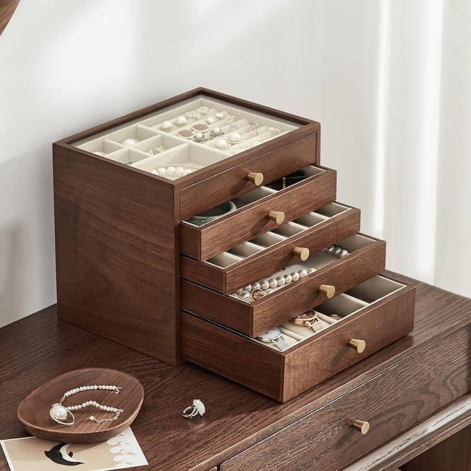 Black Walnut Wooden Jewelry Box Women large 5 Layer Drawer Wood Organizer Box with Glass Lid for Necklaces, Watch, Necklace, Ring, Earring Storage - Christmas Gifts