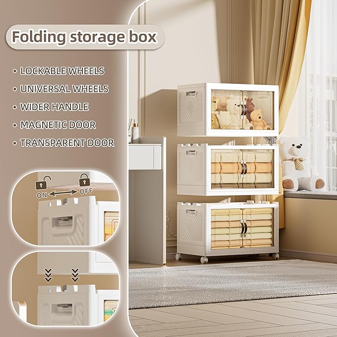 200 QT / 50 Gal Extra Wide Foldable Plastic Cabinet with Double Magnetic Doors & Leather Handles - Stackable, 4 Locking Wheels, Space Saving Storage for Small Spaces
