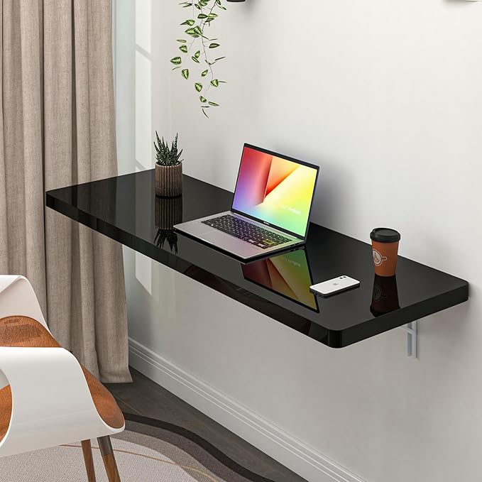 Clikuutory Wall Mounted High Gloss Folding Table, Wall Desk Fold Down for Small Spaces, Folding Workbench for Laundry Room, Home Office, Kitchen, Bedroom, Home Bar, Black (47.2"×19.7")