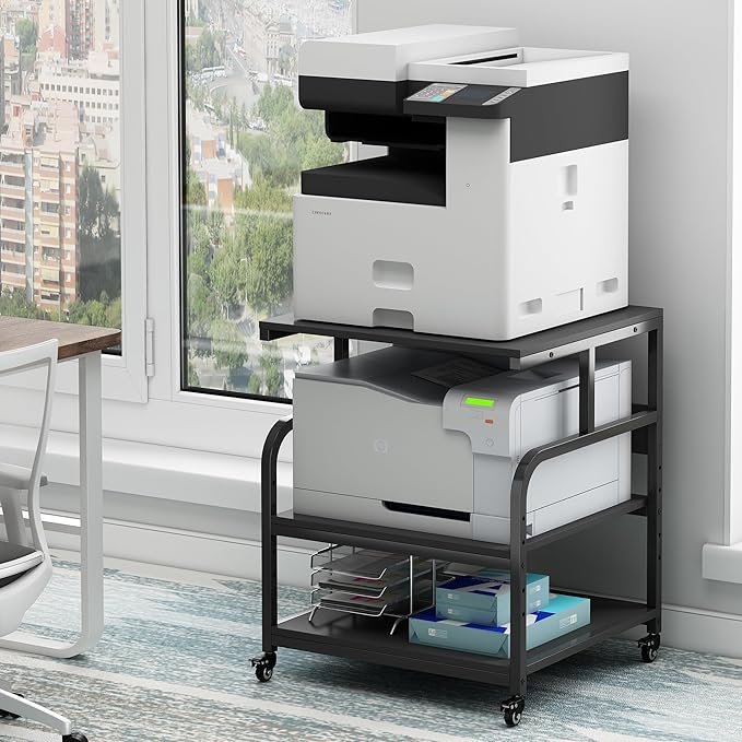 25.6" x 23.6" Extra Large Printer Stand Table with Adjustable Storage Shelf, 3 Tier Rolling Printer Cart with Industrial Wheels for Home Office, Black