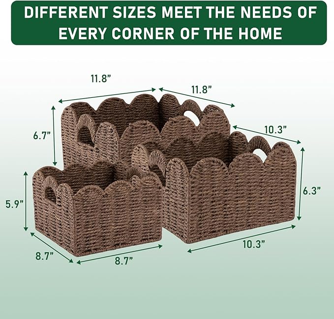 OIAHOMY Scalloped Wicker Baskets, Hand-woven Storage Baskets with Built-in Handles, Paper Rope Shelf Baskets for Organizing and Decoration, Set of 3-Brown