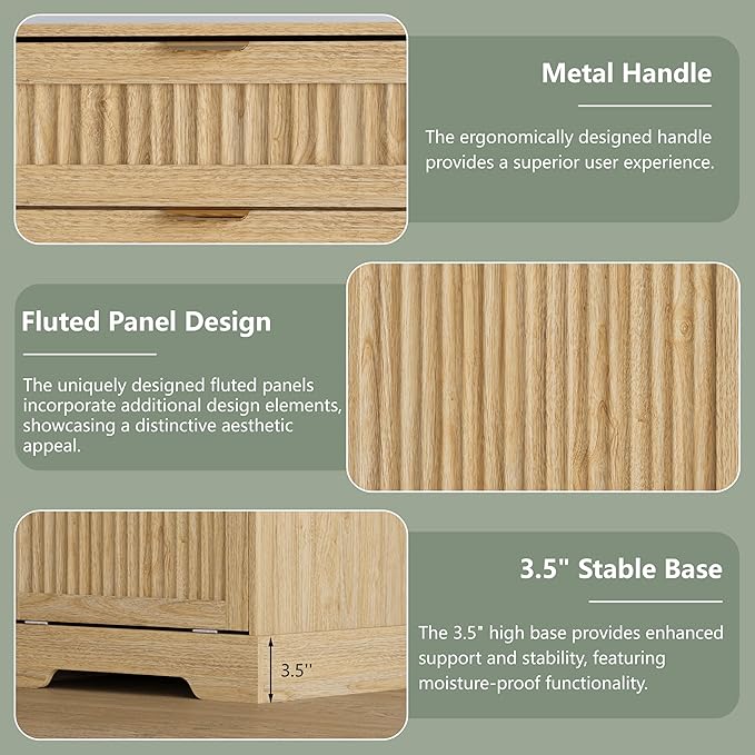 2 x 13 Gallons Double Tilt Out Trash Can Cabinet, Wooden Fluted Trash Garbage Can Cabinet with 2 Drawers, Hidden Laundry Hamper with Hooks for Kitchen Living Room, Natural Oak