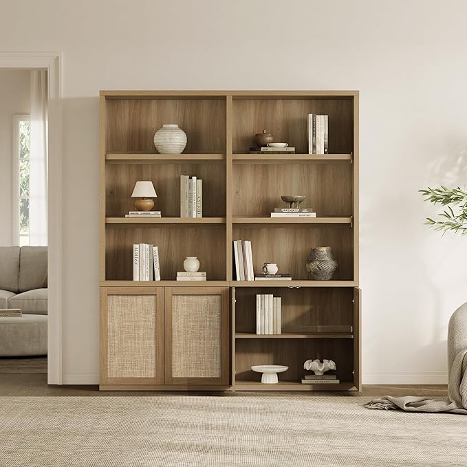 SICOTAS 70.5" Tall Bookshelf - Rattan 5-Tier Bookcase with Doors, Boho Farmhouse Book Shelf Case with Storage Cabinet, Large Bookshelves for Living Room Home Office(Amber Oak, 1 Piece)