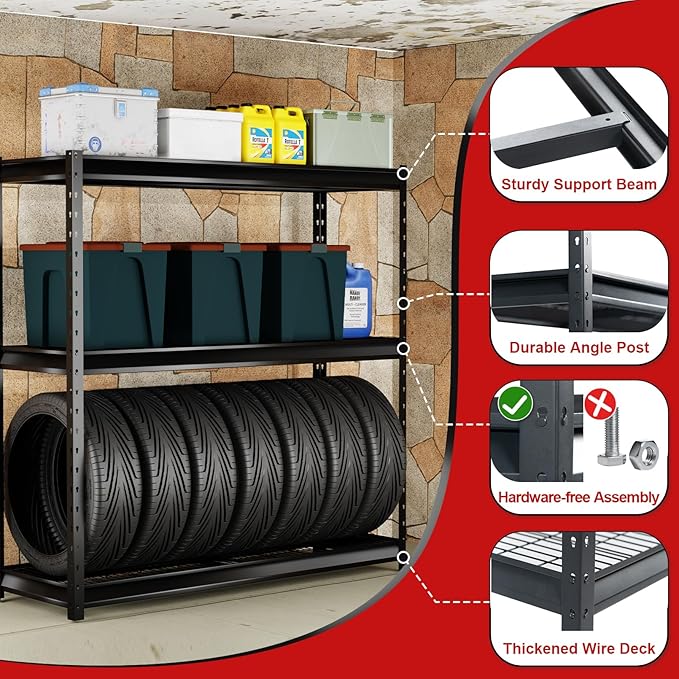 The Atlas 72" H Metal Garage Shelving Unit, 3-Tier Heavy Duty Storage Shelves, 7500 LBS Load Capacity, Industrial Steel Shelf Rack for Shop Warehouse Basement, 77”W x 24”D x 72”H