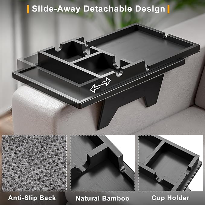 Black Couch Cup Holder Tray - 2 in 1 Couch Armrest Table with Be Slide-Away Detachable Double Holder - Foldable Sofa Armchair Caddy for Drinking Snacks iPad TV Remote