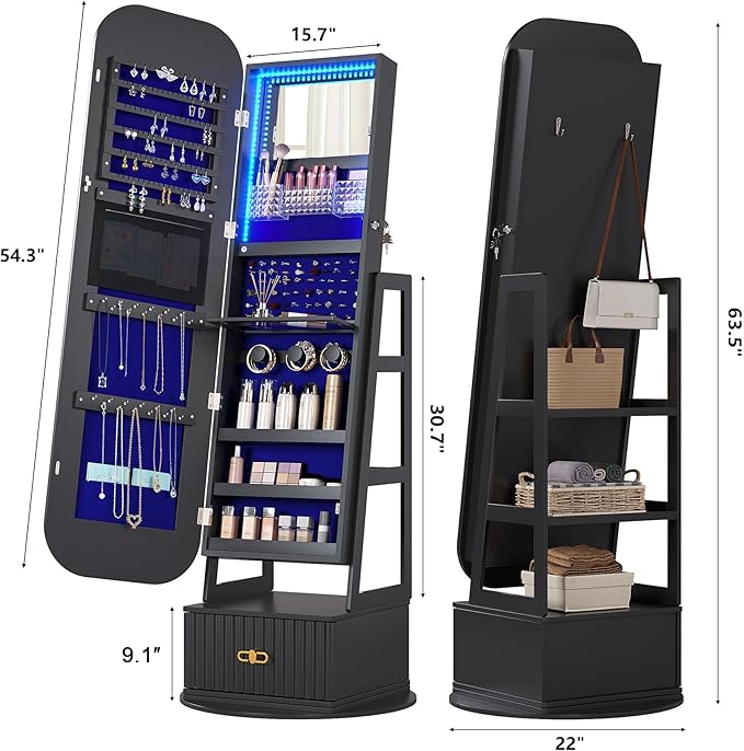 360°Swivel Jewelry Organizer with Full Length Mirror with Lights,Jewelry Armoires Cabinet Standing with Drawer,Large Mirror Storage for Jewelry and Makeup(Black)