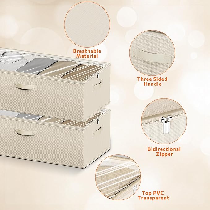 2 Pack Under Bed Storage Containers, 10 Inch Tall Underbed Clothes Storage Organizer Bin with Clear Window，Foldable Box Basket for Clothes, Closet, Bed Sheets and Blankets Beige