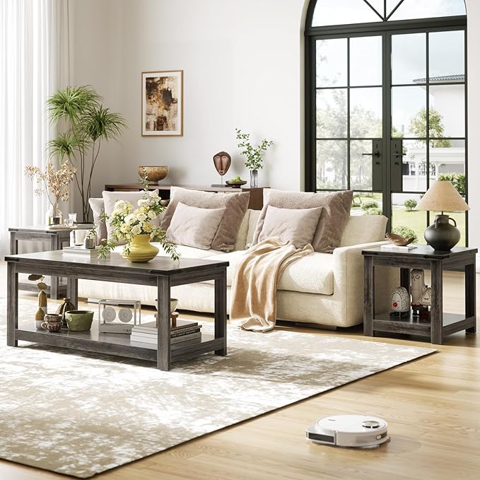 Homieasy End Table, 20 Inch Square End Table, Farmhouse Wood Side Table with Storage Shelf, Industrial Accent Bedside Table for Living Room, Bedroom,Grey Oak