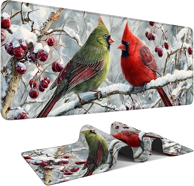 Winter Cardinal Bird Gaming Mouse Pad 31.5"x11.8"Desk Mat Anti-Slip Rubber Base & Durable Stitched Edges for Gamers Smooth Mouse Writing Surface for Desk Office/Home