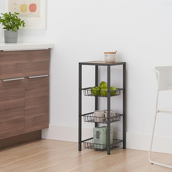 TRINITY 4-Tier Freestanding Metal Shelving Rack with Wire Baskets, Wood Top, and Adjustable Feet, 12"x12"x30", Dark Gray + Oak Brown Top