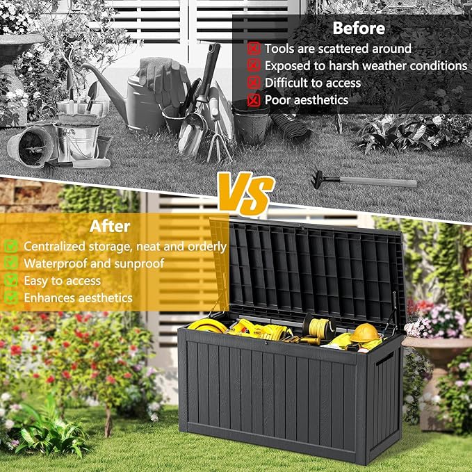 270 Gallon Deck Box, Resin Outdoor Indoor Waterproof Storage Box, Lockable Storage Box With Handle for Patio Furniture - Garden Tools - Swimming Pool Tools UV Resistant, Black