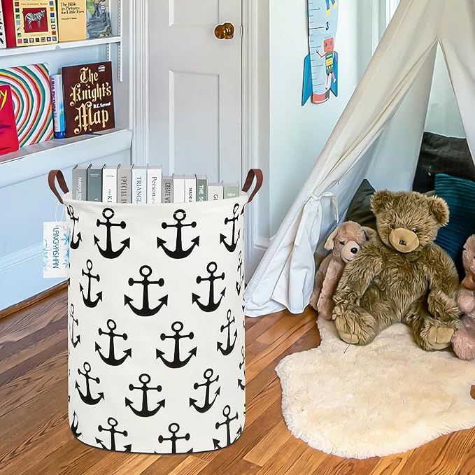 LANGYASHAN Laundry Basket Canvas Fabric Collapsible Organizer Basket for Storage Bin Toy Bins Gift Baskets Bedroom Clothes Children Nursery Hamper (anchor)