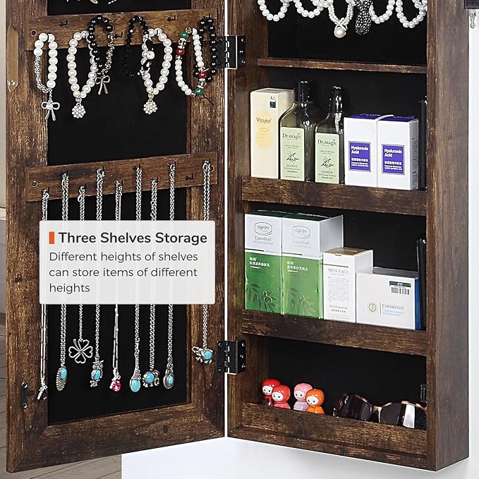 GISSAR Full Length Mirror Jewelry Cabinet, 6 LEDs Jewelry Armoire Wall Mounted Over The Door Hanging, Jewelry Organizer Display Storage Furniture with Lights Locker Mirrored Cabinet, Vintage Brown