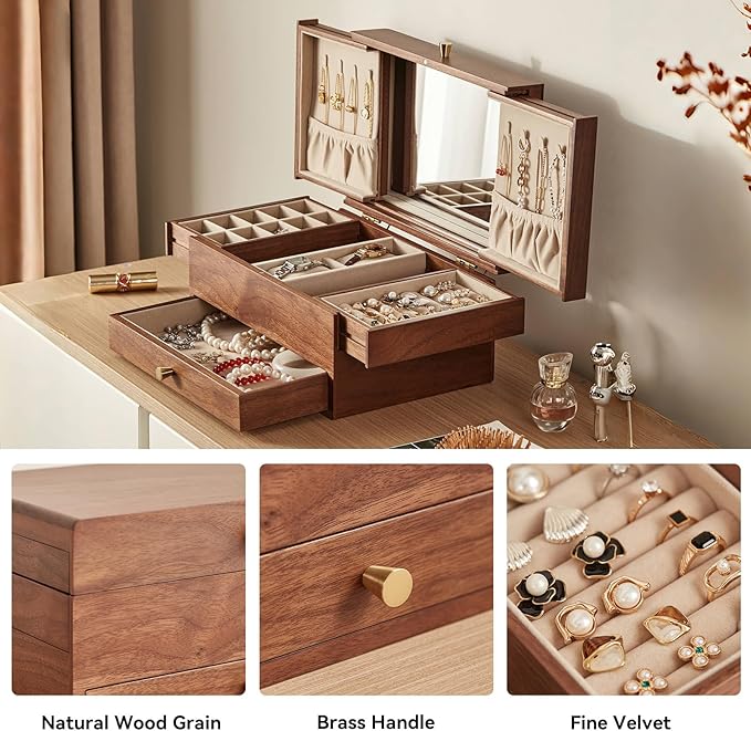 CHOSIN Black Walnut Wooden Jewelry Box for Women, 3 Level Multi-functional Drawer Organizer Box Watch Necklace Ring Earring Storage