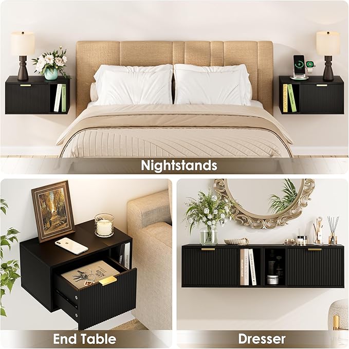 Masupu Floating Nightstand, Wall Mounted Floating Bedside Table with Storage Drawer and Open Shelf, Modern Bedroom Nightstand, 19.3" x 11.4" x 10", Black