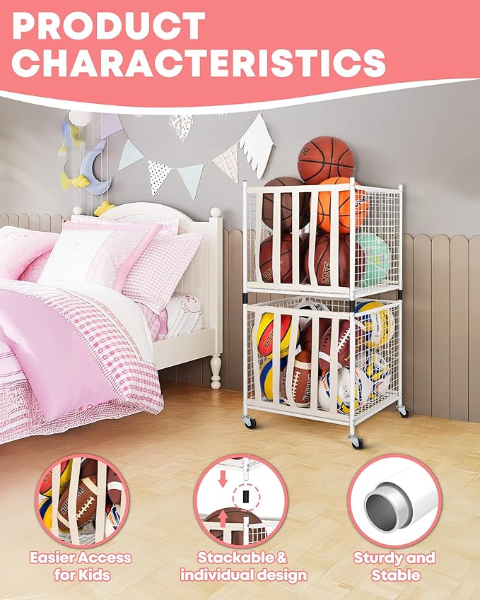 Mythinglogic Rolling Sports Ball Storage Cart, Sports Lockable Ball Storage Locker with Elastic Straps, Stackable Ball Cage for Garage Storage Garage Organizer
