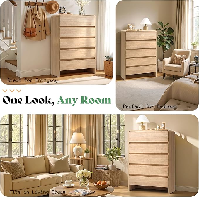 AMERLIFE 5 Drawer Dresser for Bedroom, 48" Tall Modern Chest of Storage Drawers with Rounded Corners, Anti-Tip Kit, Wood Cabinet Organizer for Closet, Apartment, Nursery, Easy Assembly, Light Oak